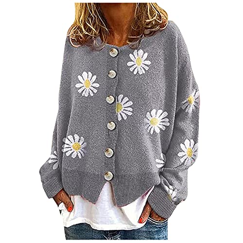Sbyhbhyds Top Sleeve Printing Daisy Cardigans Cropped Women O-Neck Long Coat Sweater Women's Cardigan (Gray, L) von Sbyhbhyds