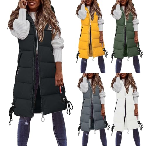 Weste Damen Winter lange Einfarbig Jacke Zip ohne Ärmel,Daunenweste Winterjacke Daunenjacke Warm Kapuze Steppjacke Wintermantel Casual Daunenmantel Wollfleece Mantel Fleecefutter (Black, XXXL) von Sbyhbhyds