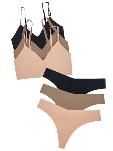 Scacto Damen 6-teiliges Set aus BH und Höschen, nahtlos, passendes Dessous-Set, Schwarz, Kaffee, Hellrosa, Large von Scacto