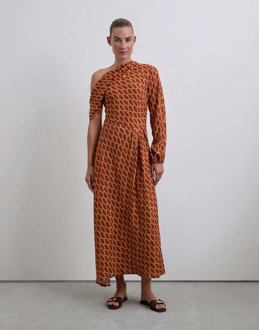 Scalpers - Gemustertes Kleid in Terrakotta mit asymmetrischem Ausschnitt-Neutral von Scalpers