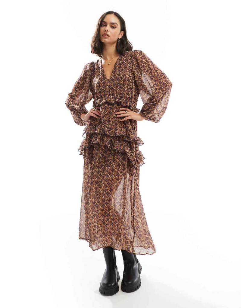 Scalpers - Kleid in Kamelbraun mit buntem Muster-Neutral von Scalpers