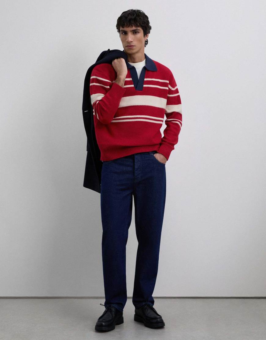 Scalpers - Oberteil aus Tricotstrick in Rot mit Vintage-Streifen und Polokragen von Scalpers