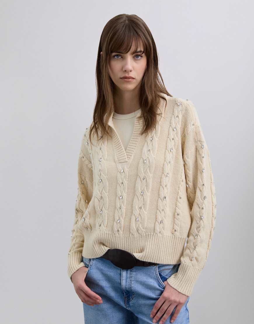 Scalpers - Polo-Pullover in Ecru mit Strassverzierung-Neutral von Scalpers