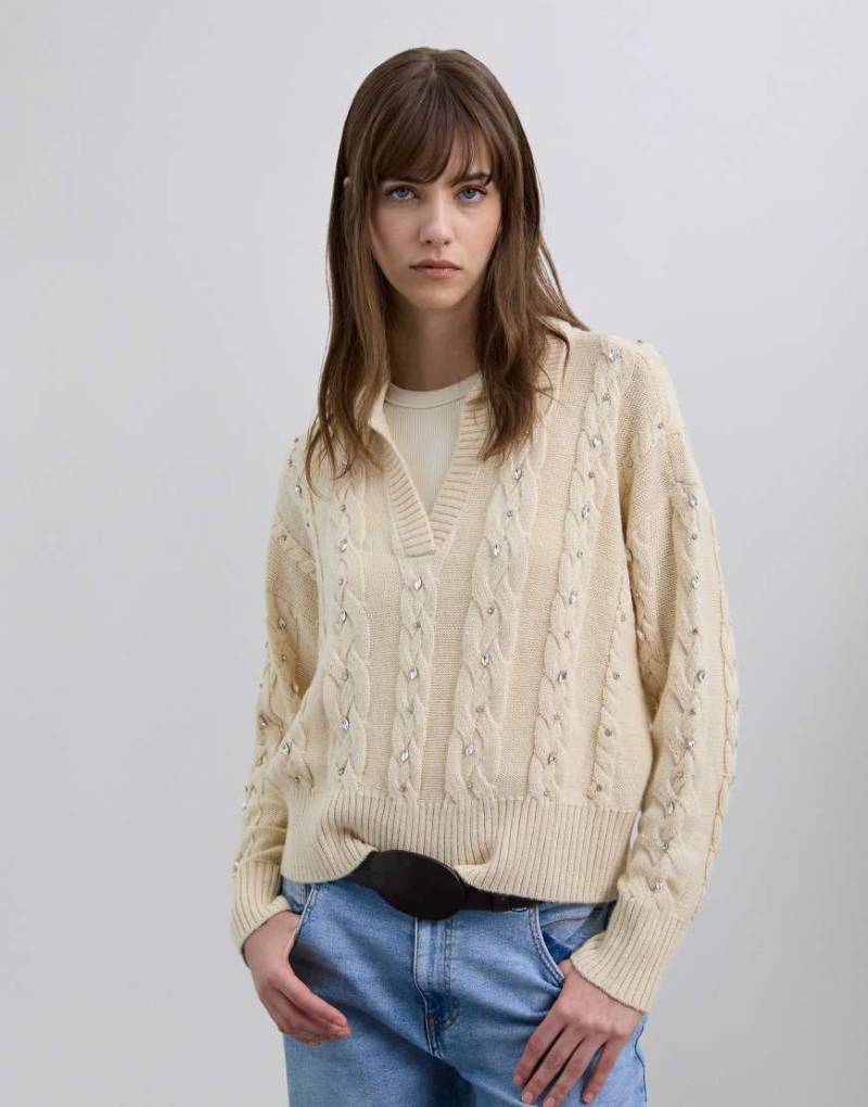 Scalpers - Polo-Pullover in Ecru mit Strassverzierung-Neutral von Scalpers