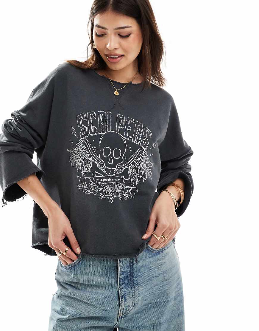 Scalpers - Sweatshirt in Dunkelgrau mit Totenkopf-Folienprint von Scalpers
