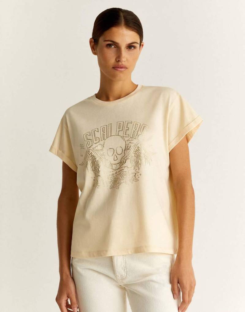Scalpers - T-Shirt in Natur mit Rock-Motiv in Foliendesign-Neutral von Scalpers
