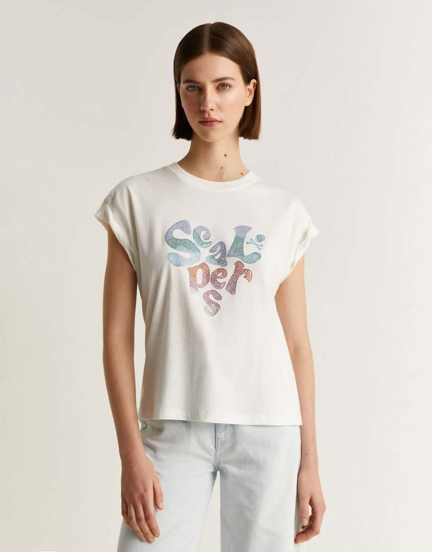 Scalpers - T-Shirt in gebrochenem Weiß mit Strass-Logo von Scalpers