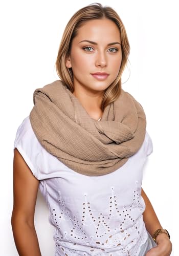 Scandi Linen Musselin Loop Schal Damen, Schlauchschal, Schlauchschal Damen, Musselin Schal Damen, Loop Schal Damen Sommer Leicht, Loop Schal (Beige) von Scandi Linen