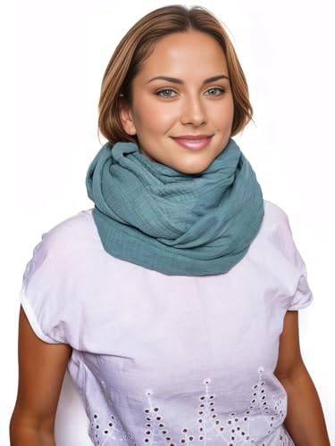 Scandi Linen Musselin Loop Schal Damen, Schlauchschal, Schlauchschal Damen, Musselin Schal Damen, Loop Schal Damen Sommer Leicht, Loop Schal (Grün) von Scandi Linen