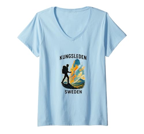 Damen Kungsleden Sweden Hiking Adventure T-Shirt mit V-Ausschnitt von Scandi Trail Apparel