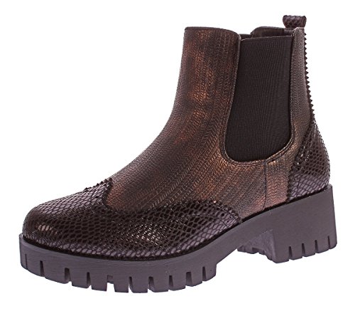 Damen Stiefeletten Block Absatz Metallic Look Boots Knöchel Schuhe Reptil Optik Gummizug Schwarz Gr. 39 von Scandi
