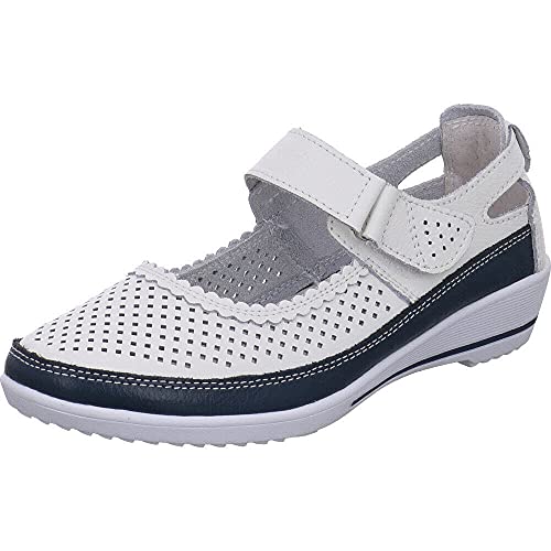 Damen Slipper von Scandi in Blau aus Echtleder mit Cutouts und Klettverschluss. weiß Gr. 39 von Scandi