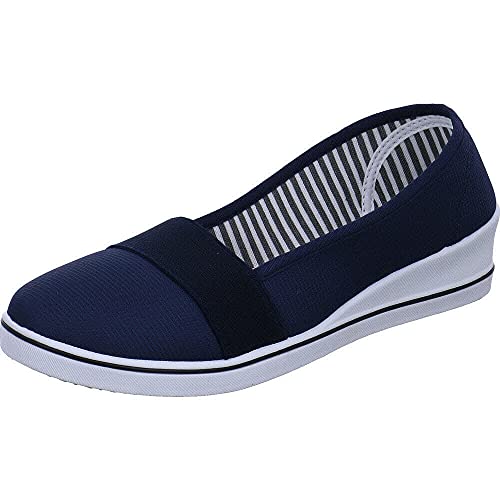 Scandi Damen Slipper aus Textil in Navy Blau im Canvas Look mit Keilabsatz in Weiß. Navy blau Gr. 41 von Scandi