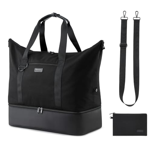 Weekender Taschen für Frauen, Reise Duffel Taschen mit Kulturbeutel Schulter Übernachtung Tasche Faltbare Turnbeutel für Reisen, Sport, Dunkelschwarz, Two piece set, Strapazierfähig von Scandihome