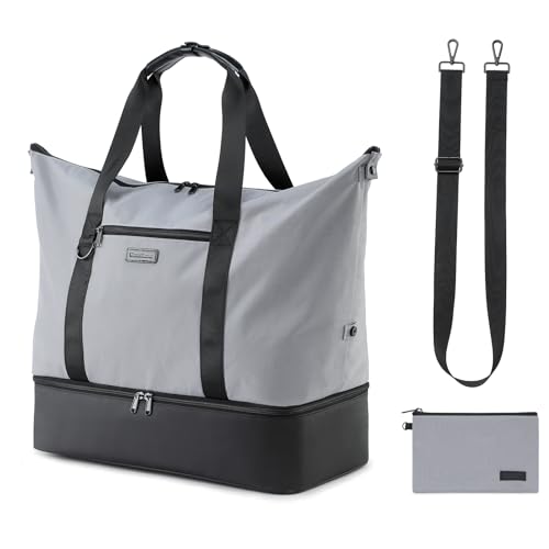 Weekender Taschen für Frauen, Reise Duffel Taschen mit Kulturbeutel Schulter Übernachtung Tasche Faltbare Turnbeutel für Reisen, Sport, Grau+Schwarz, Two piece set, Strapazierfähig von Scandihome