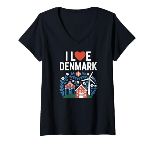 Damen I Love Denmark Windmühle dänische Flagge Design T-Shirt mit V-Ausschnitt Damen I Love Denmark Windmühle dänische Flagge Design T-Shirt mit V-Ausschnitt von Scandinavian Heritage Windmills Denmark