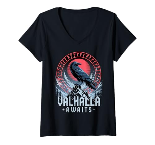 Damen Odin Ravens Huginn & Muninn Vegvísir Vikings Mythos T-Shirt mit V-Ausschnitt von Scandinavian Norse Culture