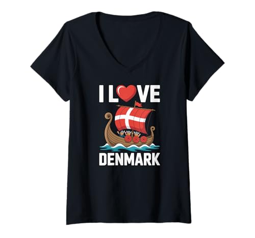 Damen I Love Denmark Wikingerschiff dänische Flagge Fun T-Shirt mit V-Ausschnitt von Scandinavian Viking Danish Pride Nordic Heritage