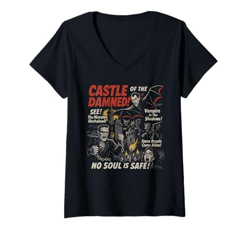 Damen Castle of Damned Filmposter Vintage Halloween T-Shirt mit V-Ausschnitt von Scareathon Old Time Halloween Merch
