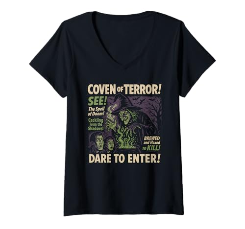 Damen Coven of Terror Hexe Filmposter Vintage Halloween T-Shirt mit V-Ausschnitt von Scareathon Old Time Halloween Merch