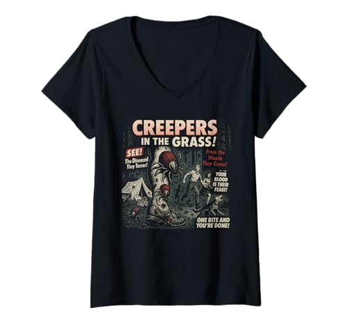 Damen Creepers In The Grass Ticks Filmposter Vintage Halloween T-Shirt mit V-Ausschnitt von Scareathon Old Time Halloween Merch