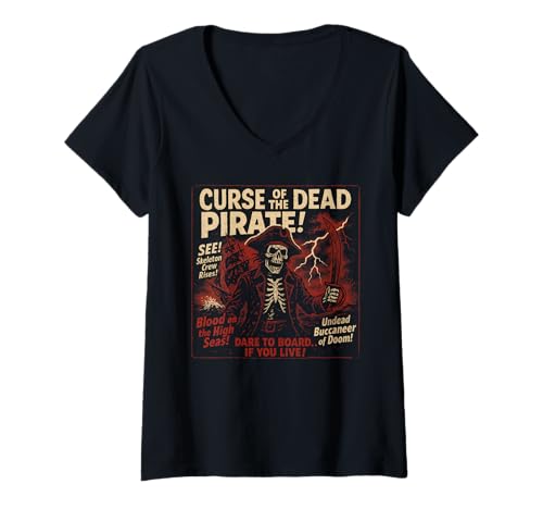 Damen Dead Pirate Curse Filmposter, Vintage-Stil, Halloween T-Shirt mit V-Ausschnitt von Scareathon Old Time Halloween Merch