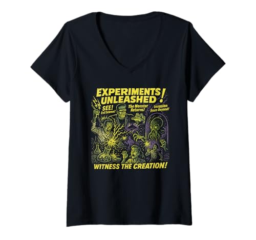 Damen Experiments Unleashed Lab Filmposter Vintage Halloween T-Shirt mit V-Ausschnitt von Scareathon Old Time Halloween Merch
