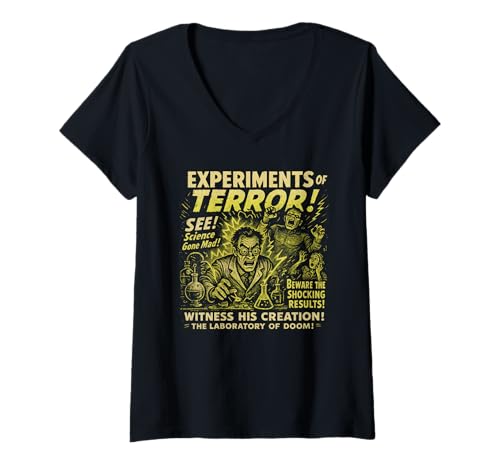 Damen Experiments of Terror Lab Filmposter Vintage Halloween T-Shirt mit V-Ausschnitt von Scareathon Old Time Halloween Merch