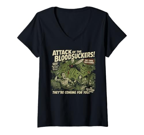 Damen Filmposter Bloodsuckers Attack Mosquitos Vintage Halloween T-Shirt mit V-Ausschnitt von Scareathon Old Time Halloween Merch