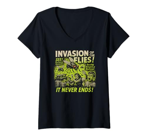Damen Filmposter Invasion of The Flies Vintage Halloween Flies T-Shirt mit V-Ausschnitt von Scareathon Old Time Halloween Merch