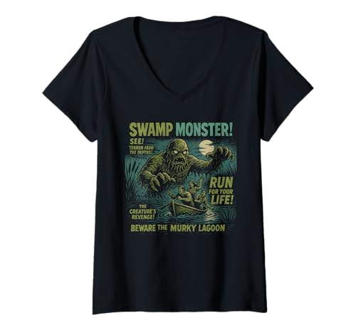Damen Filmposter Swamp Monster Vintage Halloween T-Shirt mit V-Ausschnitt von Scareathon Old Time Halloween Merch