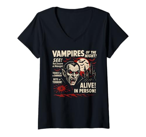 Damen Filmposter Vampire of The Night Vintage Halloween T-Shirt mit V-Ausschnitt von Scareathon Old Time Halloween Merch