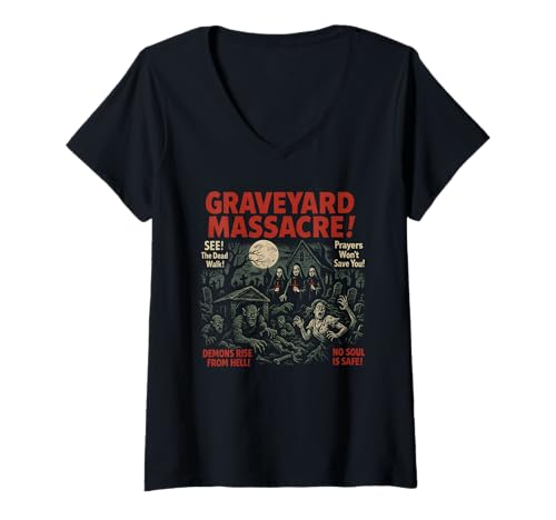 Damen Graveyard Massacre Filmposter Vintage Halloween T-Shirt mit V-Ausschnitt von Scareathon Old Time Halloween Merch