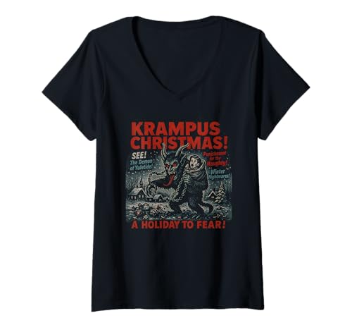 Damen Krampus Weihnachten Filmposter Vintage Halloween T-Shirt mit V-Ausschnitt von Scareathon Old Time Halloween Merch