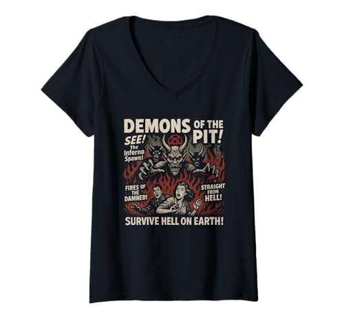 Damen Pit Demons Filmposter Vintage Halloween T-Shirt mit V-Ausschnitt von Scareathon Old Time Halloween Merch