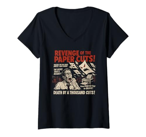 Damen Revenge of The Paper Cuts Filmposter Vintage Halloween T-Shirt mit V-Ausschnitt von Scareathon Old Time Halloween Merch