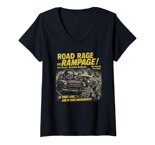 Damen Road Rage Rampage Filmposter Vintage Halloween T-Shirt mit V-Ausschnitt von Scareathon Old Time Halloween Merch