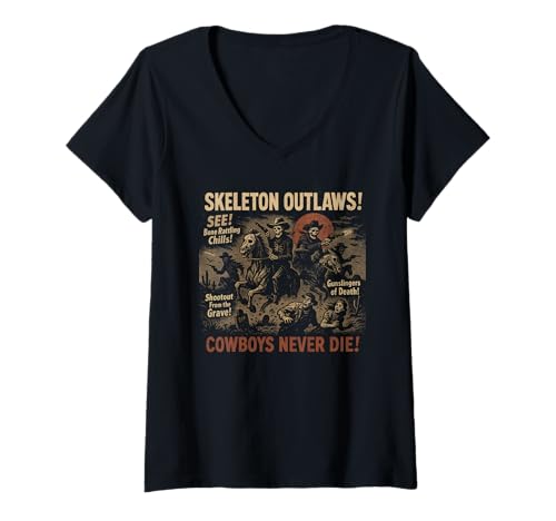 Damen Skelett Outlaws Cowboy Filmposter Vintage Halloween T-Shirt mit V-Ausschnitt von Scareathon Old Time Halloween Merch