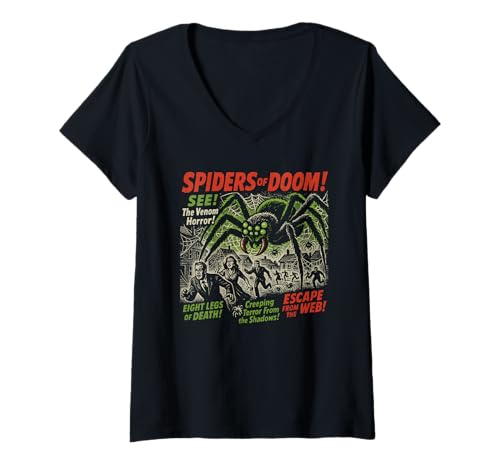 Damen Spiders of Doom Filmposter Vintage Halloween T-Shirt mit V-Ausschnitt von Scareathon Old Time Halloween Merch
