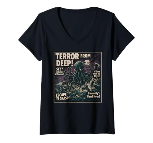 Damen Terror from Deep Kraken Filmposter Vintage Halloween T-Shirt mit V-Ausschnitt von Scareathon Old Time Halloween Merch
