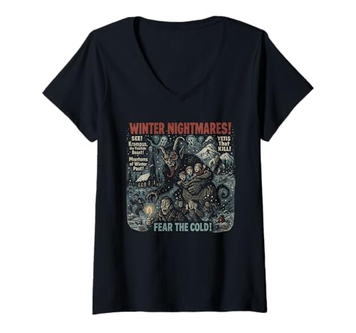 Damen Winter Nightmares Krampus Filmposter Vintage Halloween T-Shirt mit V-Ausschnitt von Scareathon Old Time Halloween Merch