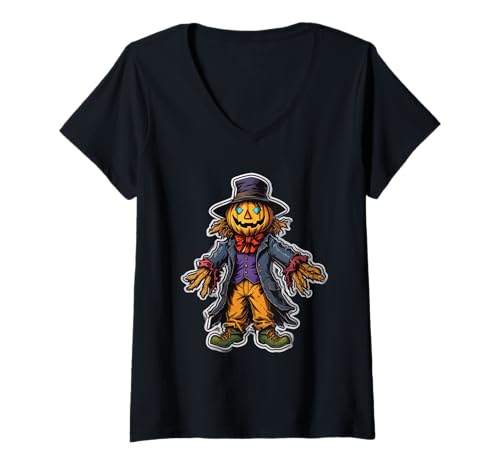 Damen Vogelscheuche Kürbiskopf Halloween Kostüm Vogelscheuche T-Shirt mit V-Ausschnitt Damen Vogelscheuche Kürbiskopf Halloween Kostüm Vogelscheuche T-Shirt mit V-Ausschnitt von Scarecrow Pumpkin Head