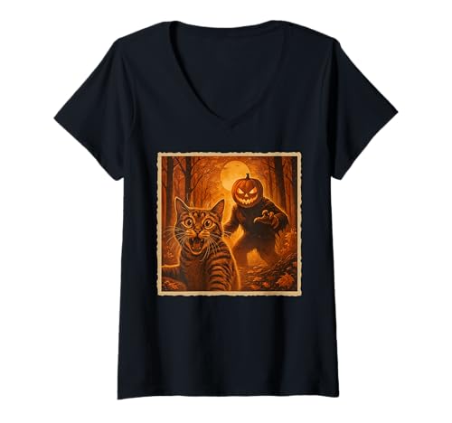 Damen Scared Cat Selfie Orange Kürbis Monster Halloween T-Shirt mit V-Ausschnitt Damen Scared Cat Selfie Orange Kürbis Monster Halloween T-Shirt mit V-Ausschnitt von Scared Cat Pumpkin Head Halloween Horror Costume