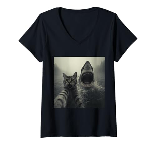 Damen Lustiges Katzen-Selfie mit riesigem Megalodon-Hai-Ozean T-Shirt mit V-Ausschnitt Damen Lustiges Katzen-Selfie mit riesigem Megalodon-Hai-Ozean T-Shirt mit V-Ausschnitt von Scared Cat Selfie Megalodon Shark Behind Meme Tees