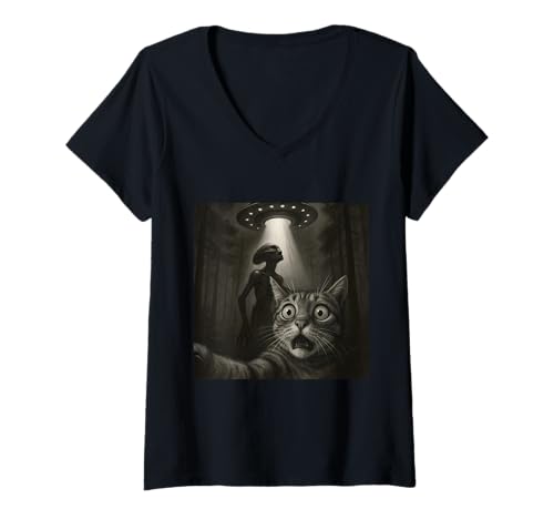 Damen Lustiges überraschtes Katzen-Selfie mit UFO Alien Forest Halloween T-Shirt mit V-Ausschnitt von Scared Cat Selfie Meme UFO Alien Apparel