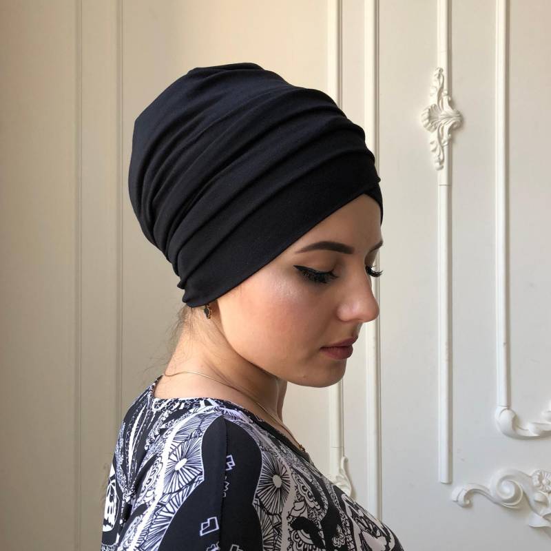 2 in Einem Schwarzen Hijab, Jersey Turban, Volumen Bereit Vintage Hut, Elegante Bedeckung, Sinar, Boho Stirnband, Jüdisch von ScarfTurbanHijab