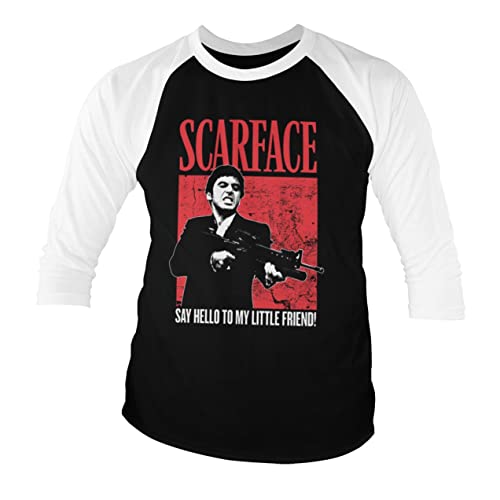 Scarface Offizielles Lizenzprodukt Say Hello to My Little Friend 3/4 Ärmel T-Shirt (Weiß-Schwarz), Large von Scarface