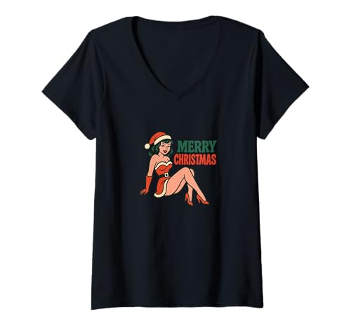 Damen Pinup Girl Retro-Kunst im Vintage-Look „Frohe Weihnachten“ T-Shirt mit V-Ausschnitt von Scarlet Sleigh Studio Arts