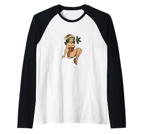Pinup Girl Retro-Kunst im Vintage-Look „Frohe Weihnachten“ Raglan von Scarlet Sleigh Studio Illustration