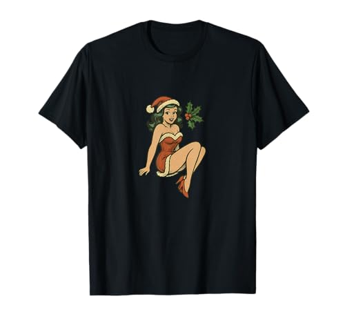 Pinup Girl Retro-Kunst im Vintage-Look „Frohe Weihnachten“ T-Shirt Pinup Girl Retro-Kunst im Vintage-Look „Frohe Weihnachten“ T-Shirt von Scarlet Sleigh Studio Illustration